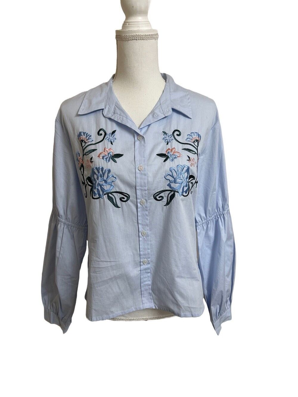NEW Sanctuary Anthropologie Women's S Blue Button Down Shirt Floral Embroidery